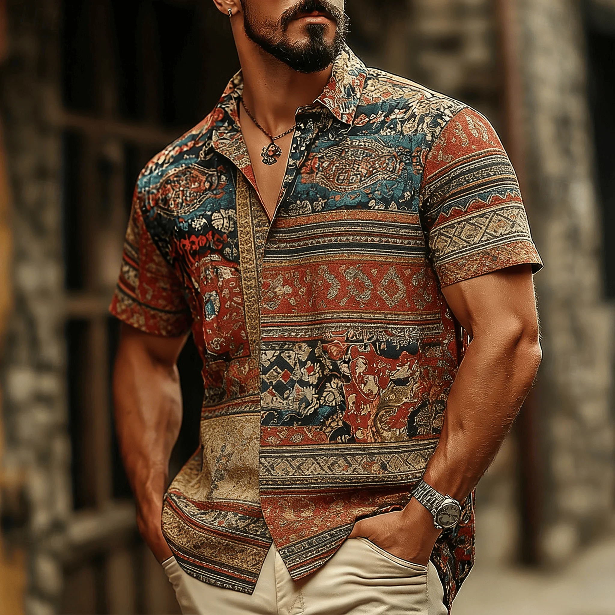 Men's Retro Geometric Maze Color Block Short Sleeve Shirt, Spring Summer Modern Retro Casual Top, Pocket Lapel Style
