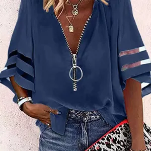 Elegante Patchwork -Spitzenbluse für Frauen, verbrannte Ärmel, weißes Netz, V -Neckline, lose Freizeittiete, Streetwear für Frauen, Sommer 12 Hauptverkaufsbluse Reißverschluss - №6