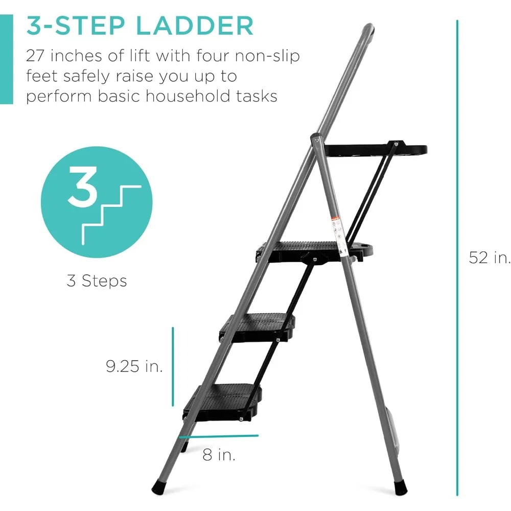 Échelle à 3 Marches, Escabeau Antidérapant Pliant Portable avec Escalette Utilitaire, Poignée, Capuchons de Pieds en Caoutchouc, 330lb, Meilleur Choix de Produits