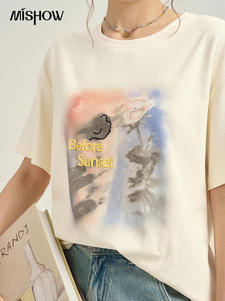 MISHOW Thin Oil Painting Printed T-shirt 2024 Summer Short Sleeve Slim Top Round Neck Casual Loose Tees Office Lady MPD26T0264