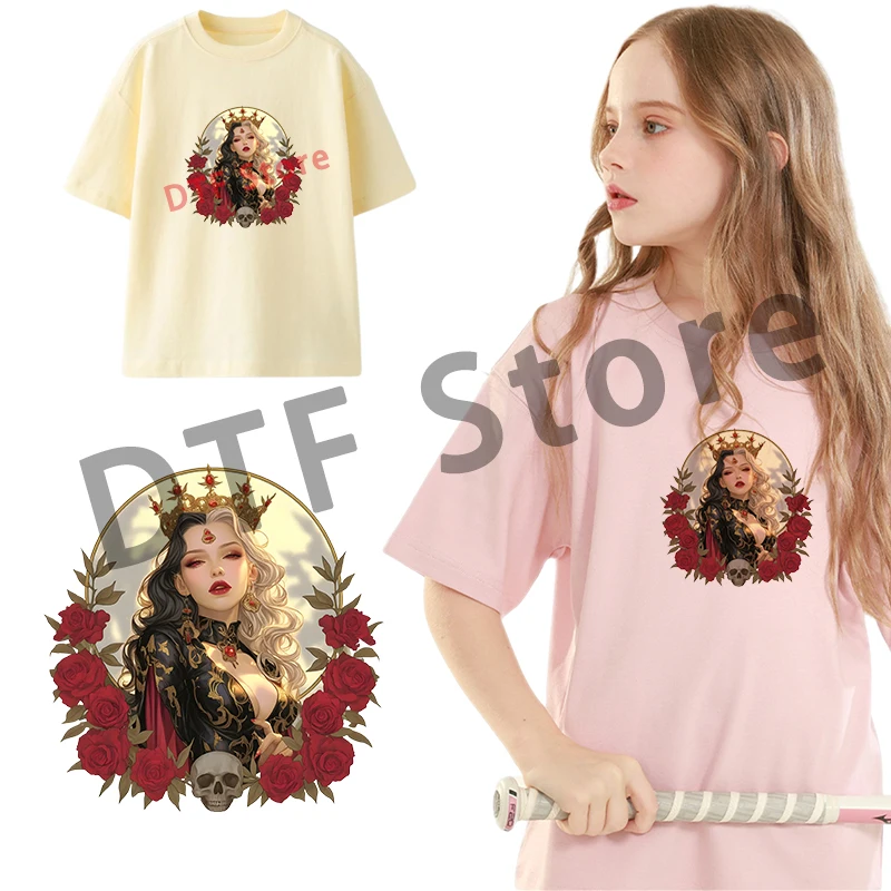 Retro Queen Red Flower dtf transfers ready to press Iron On Patch On Clothes Iron on transfer Heat Transfer Children's clothing