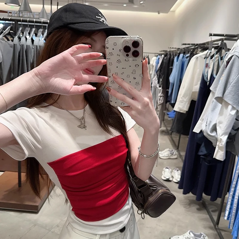 الأمريكية الرجعية التباين اللون جولة الرقبة قصيرة الأكمام ضئيلة تي شيرت الصيف المرأة المحاصيل الأعلى