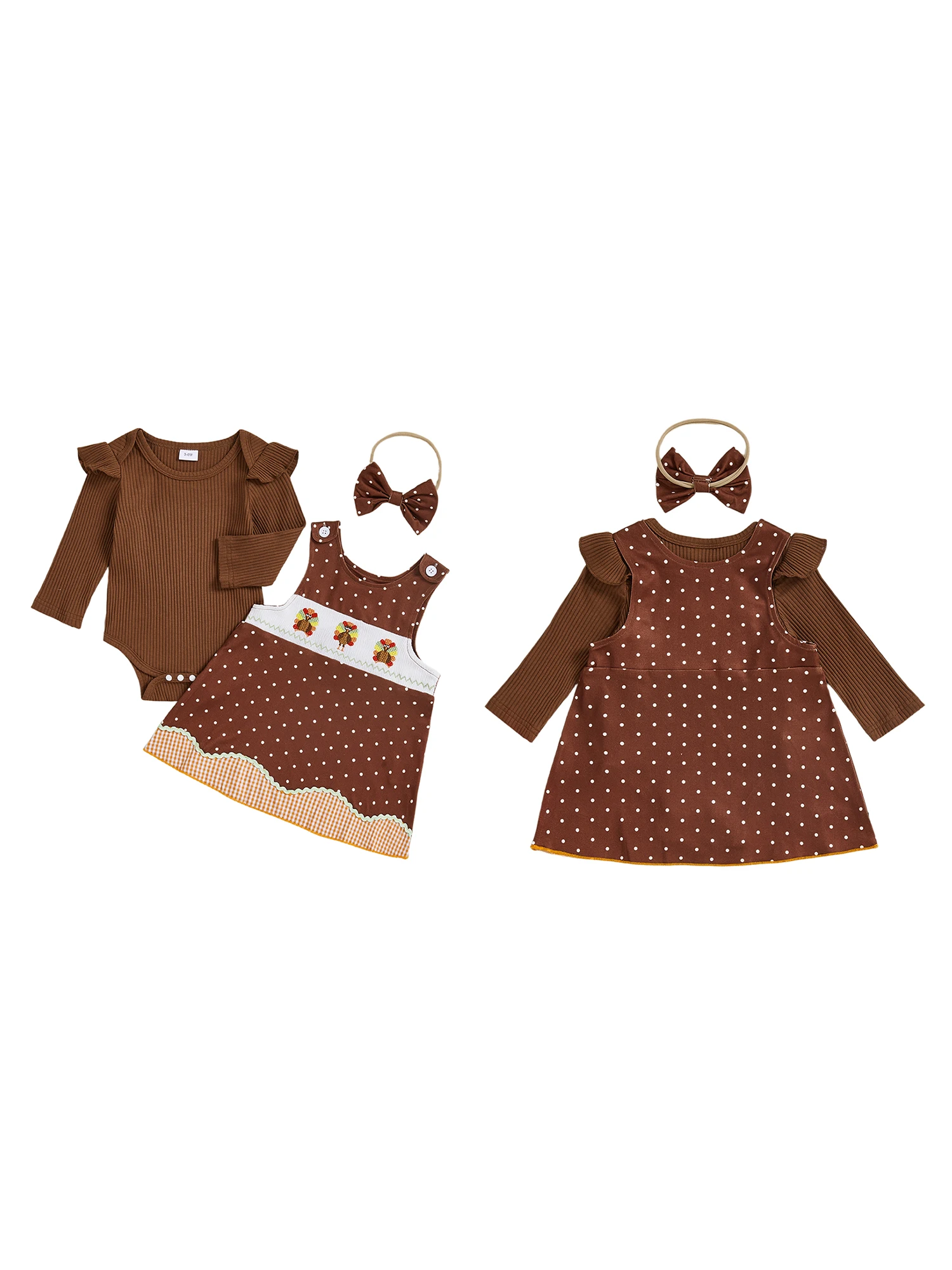 

Thanksgiving Baby Girl Outfit Turkey Embroidered Romper with Overall Dress and Matching Bow Headband for a Festive Look