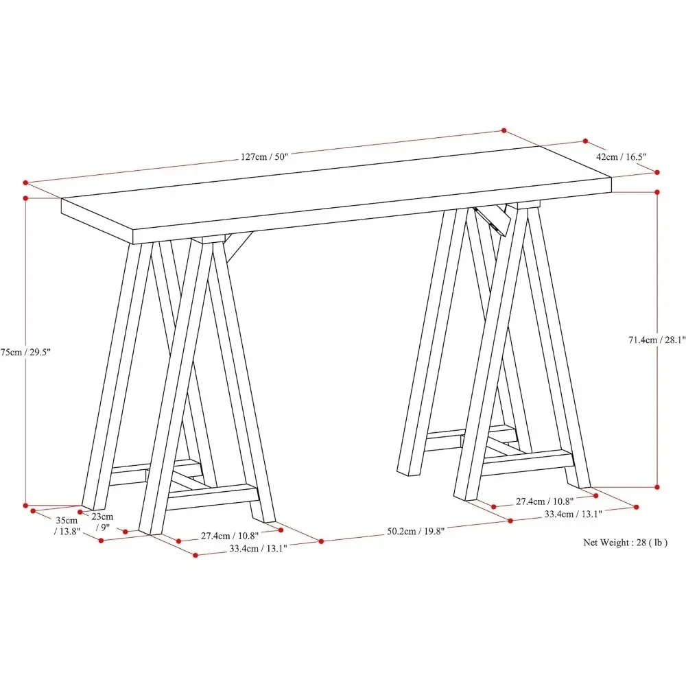 Sawhorse SOLID WOOD 50 inch Wide Modern Industrial Console Sofa Entryway Table in Medium Saddle Brown,