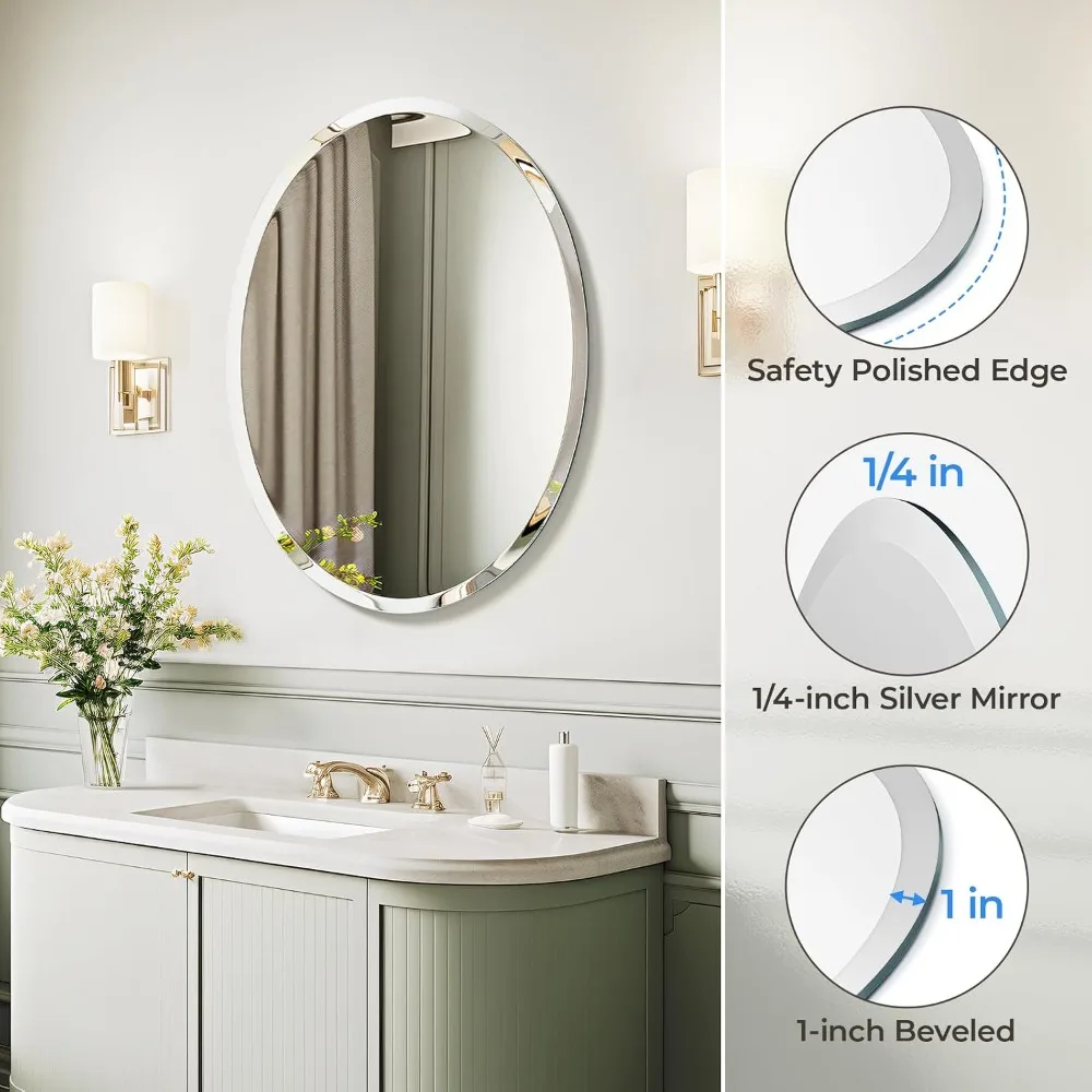 USHOWER Oval Frameless Bathroom Mirror for Over Sink 20x28 Inch Wall Mount Vanity Mirror
