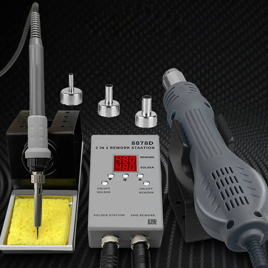 8878D EU 220V Double Digital 2 In 1 SMD Rework Soldering Station Hot Air Blower Heat Gun Welding Solder Iron Repair Tool