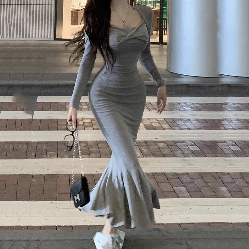 Gray Long Sleeve Sexy Wrapped buttocks Trumpet Mermaid Dress for Women New Autumn Korean Slim Fit Temperament Elegant Long Dress