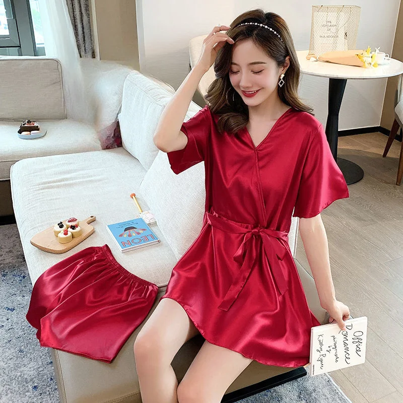 Women's Summer Thin Sexy Ice Silk Thin Skirt Set Lace-up Dress Can Wear Two Sets of Pajamas Imitated Silk Fabric Comfortable