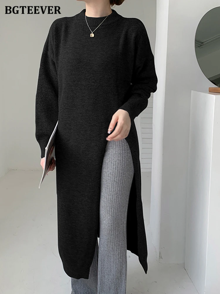 BGTEEVER Autumn Winter O-neck Side Split Long Pullovers Sweaters Women Stylish Long Sleeve Warm Ladies Knitted Jumpers