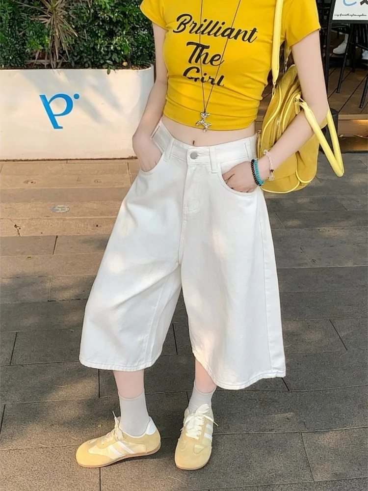 

Свободные женские джинсовые шорты в американском ретро-стиле, белые, весенние, больших размеров, в уличном стиле, с широкими штанинами, средней длины, повседневные, с высокой талией