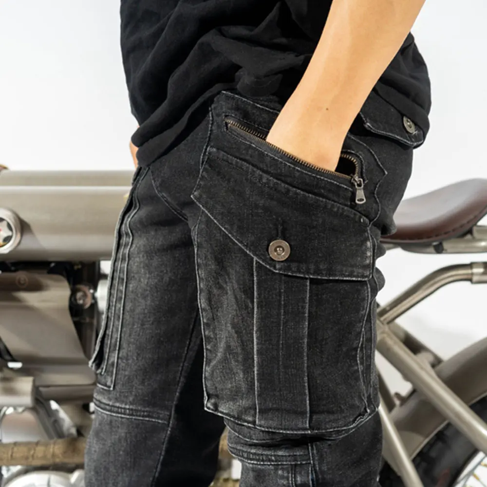 Motorcycle Riding Pants Summer Men\'s Jeans Big Pocket Fall-Resistant Slim Jeans Breathable Four Seasons Black Blue Soft Trousers