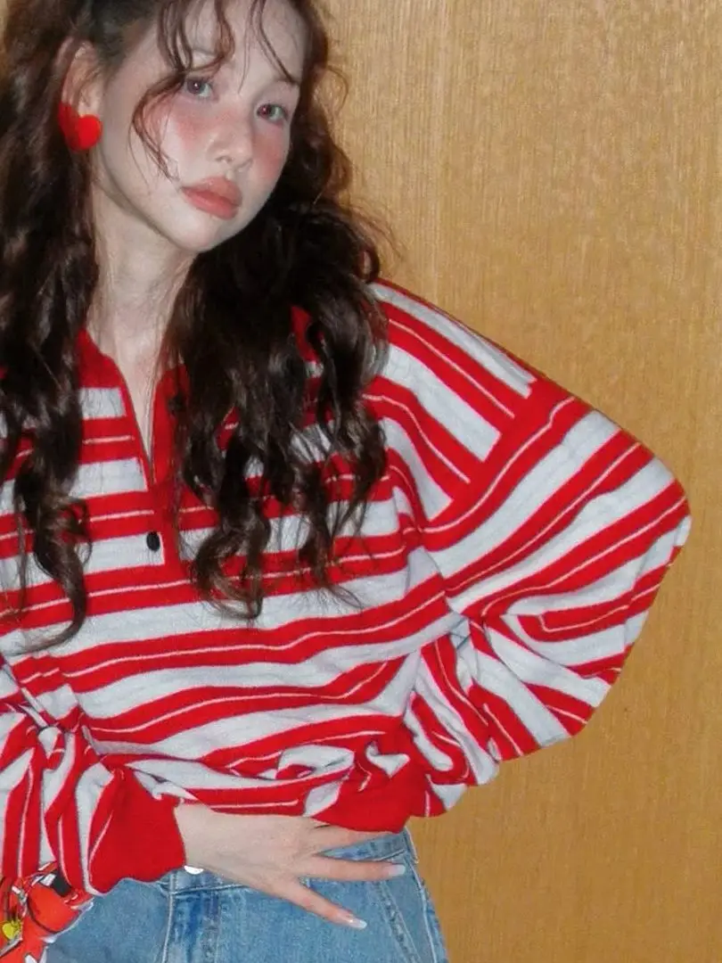 

Loose Fit Knitwear Women's Spring 2026 French Sle Long Sve Stripe Pattern Breathable Cotton Blend Casual Top