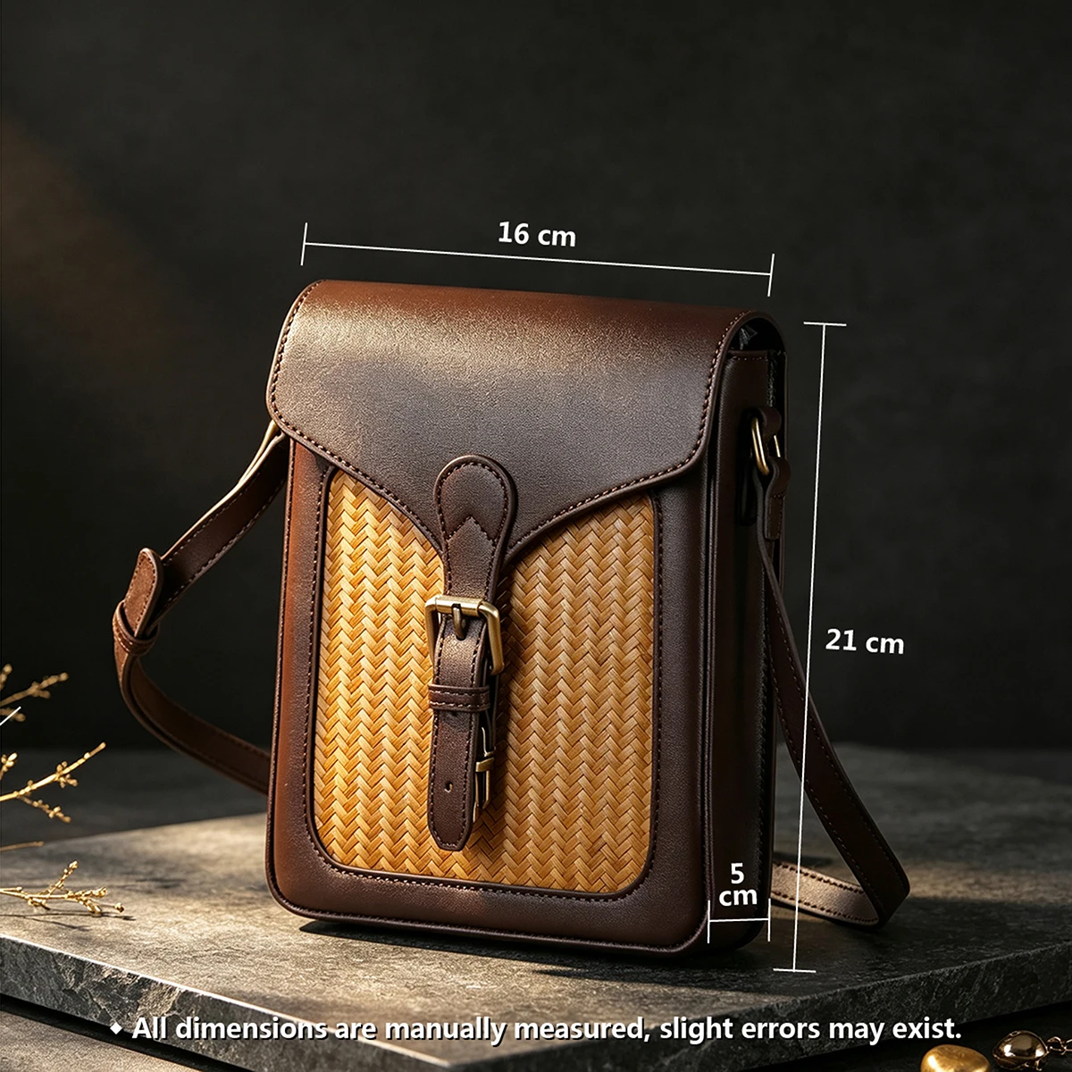 Vintage Handcrafted Bamboo Woven Vertical Crossbody Bag Unisex Leather Buckle Flap Shoulder Purse Retro Bohemian Travel Daily Ca