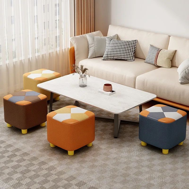 Colorful Modern Wooden Stool - Waterproof Square for Living Room & Bedroom, Soft Cushion Creative Home Decor Furniture