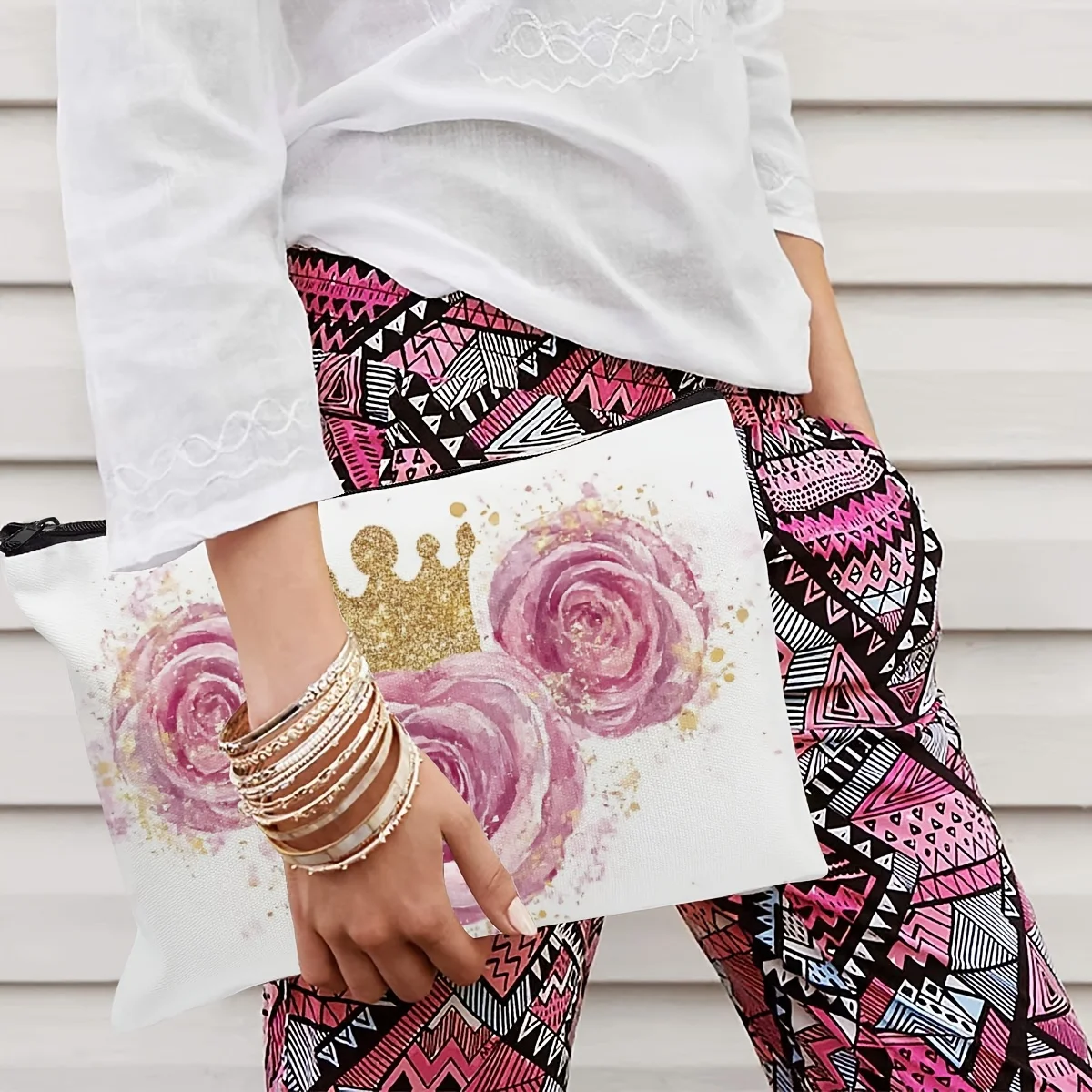 1pc Floral Crown Design Cosmetic Bag, Polyester Casual Style, Hand Washable, Zipper Closure