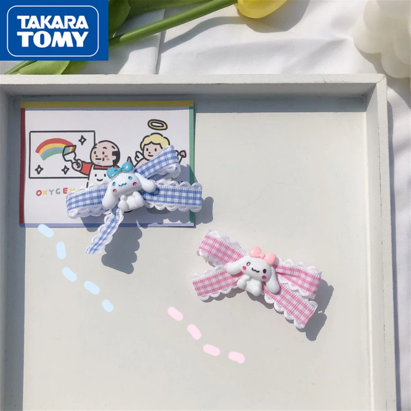 

TAKARA TOMY Cute Hello Kitty Plaid Bow Cartoon Children's Hairpin Girls Bangs Ponytail Side Clip Simple Hair Accessories