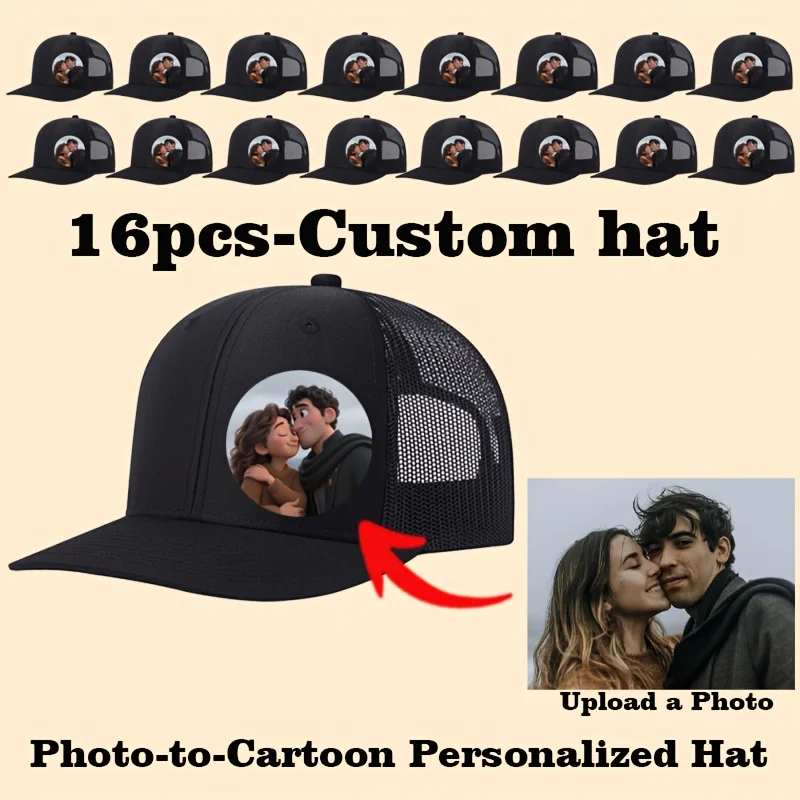 16PCS Custom Trucker Hats for Men Women - Personalized Photo-to-Cartoon Caps, Embroidery or Print Logo