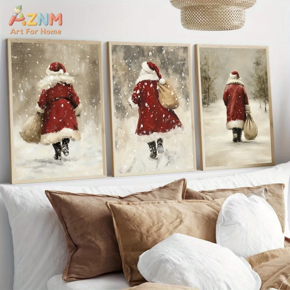 1pc/3pcs Santa Walking In The Snow Painting Vintage Christmas Wall Art for Living Room Perfect Decor Classic Christmas Design