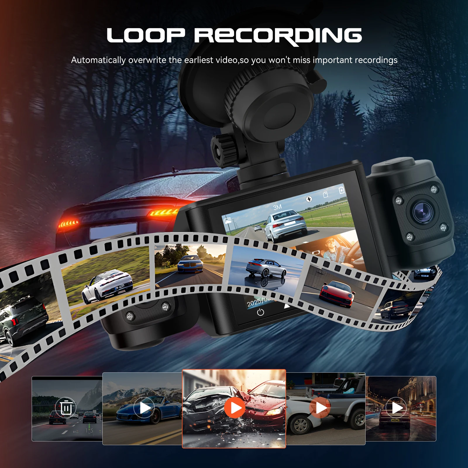 Degreat 2.4-inch 1080P Car DVR Camera Triple Record HD Car Recorder With 480P Car Left, Car Right + Motion Detection