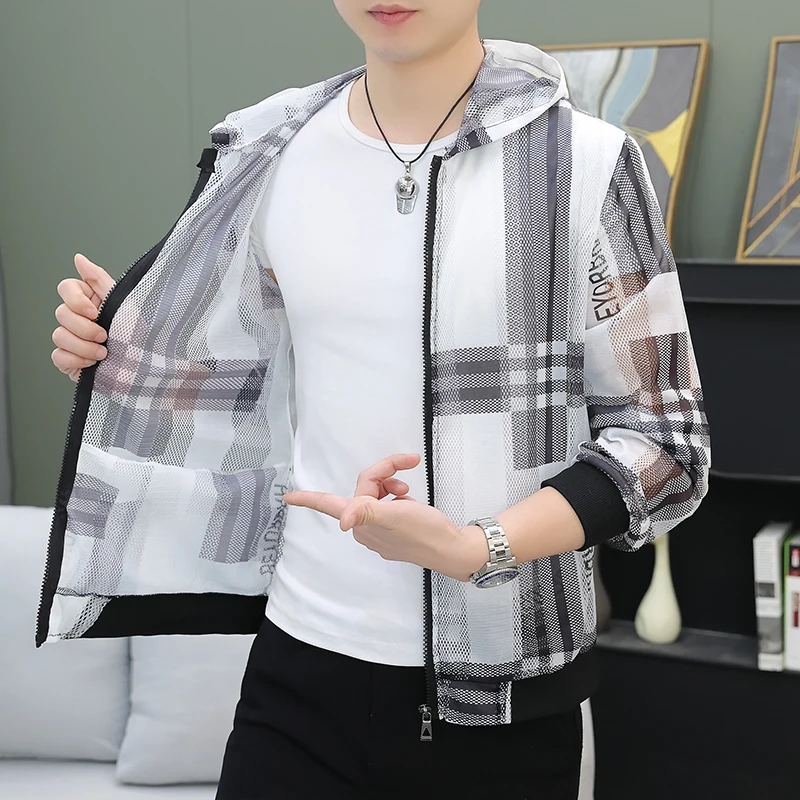 

Summer Ice Silk Lightweight Breathable Fiing Sun Protection Coat Men's Hollow out Hooded Fiing Jaet Trendy Brand Hao...