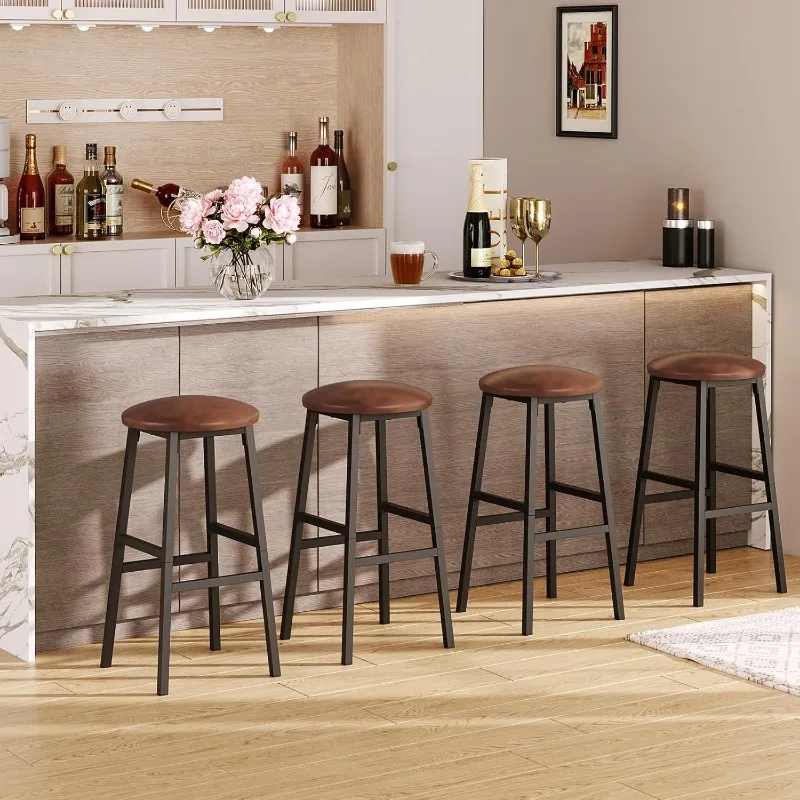 Bar Stools, 24.8 Inch PU Upholstered Breakfast Stools, Set of 2 Round Bar Chairs with Footrest, Bar Height Stools with Footrest