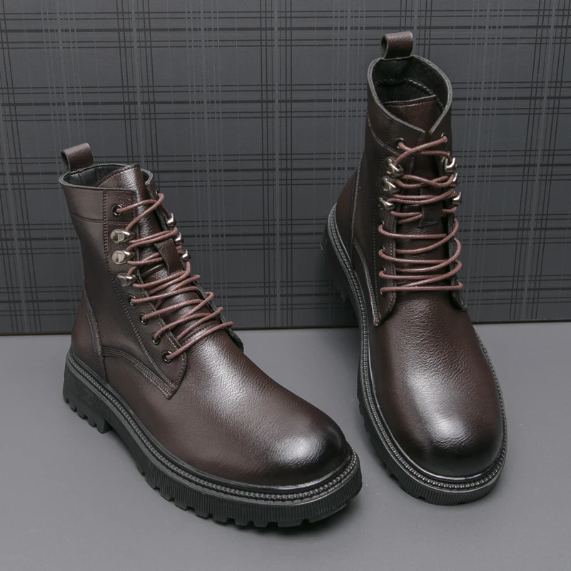 

Fashionable Men High Top Boots with Round Toe and Low Heel Comfortable and Casual Street Lace Up Men Boots