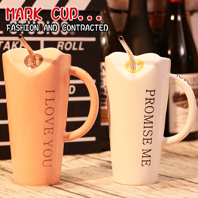 

Creative Water Mug Large Capacity with Spoon Straw Ceramic Ins Mug Simple Couple Student Mug