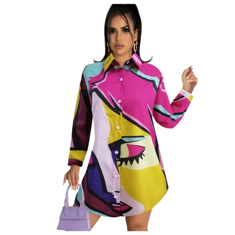 2023 Fashion Shirts & Blouses Elegant Print Loose Long Shirt Button Up Long Sleeve Top Casual Vintage Y2k Shirts Dress Blouse