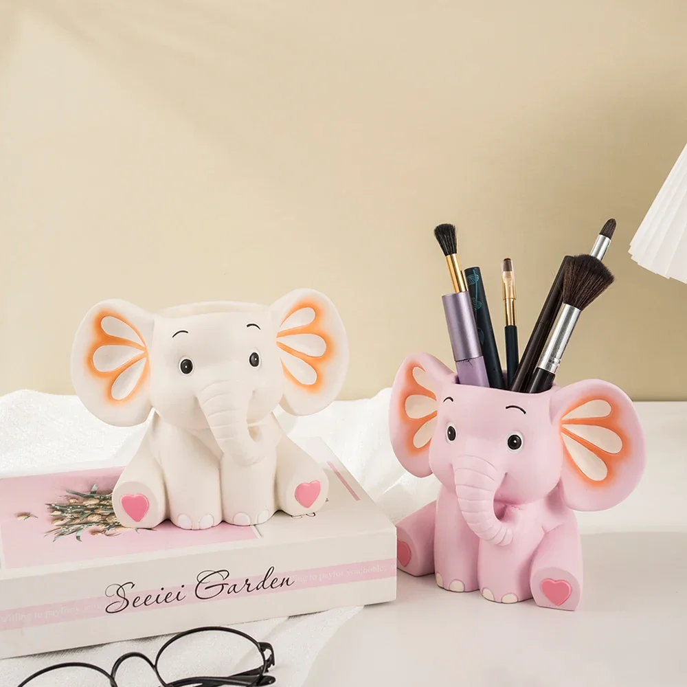 

Elephant Pen Pencil Holder Ornament for Home Office Decor Accessories Multipurpose Hand Painted Decorative Makeup Brush Holder