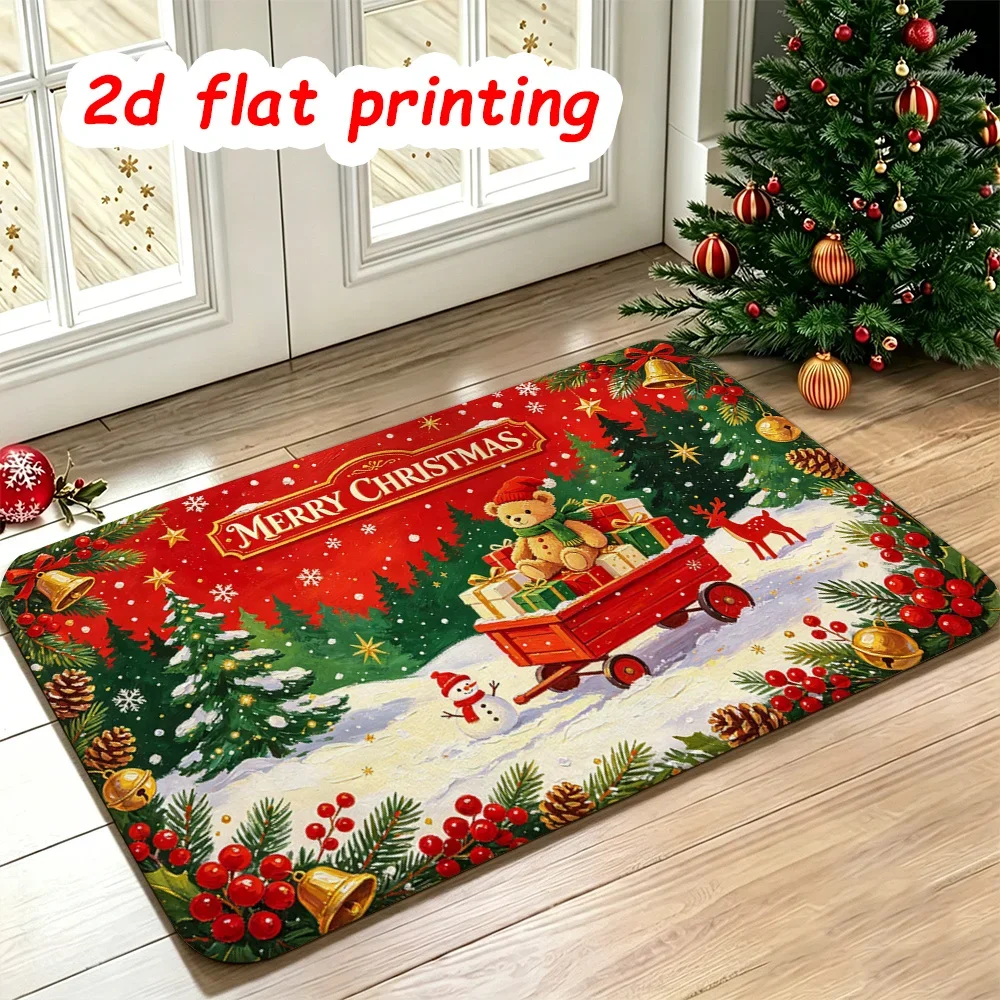 Vintage Christmas Carriage Doormat Warm Town Winter Scene Area Rug Cozy Sock Cottage Floor Mat Festive Welcome Rug