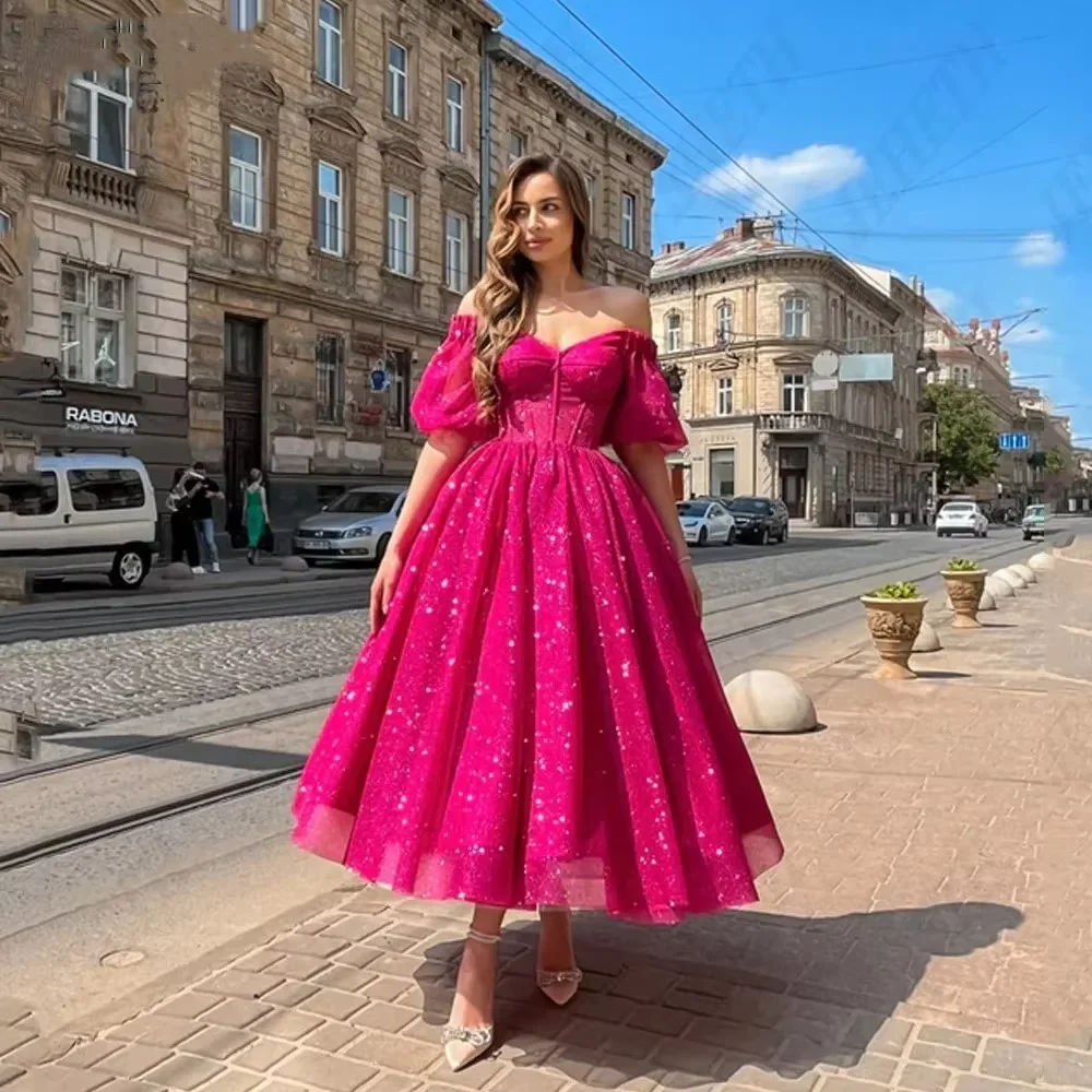 

Customized Sweetheart Prom Dress Rose Red Tulle A-Line Ankle Length Graduation Dress Elegant Off Shoulder Party Evening Dresses