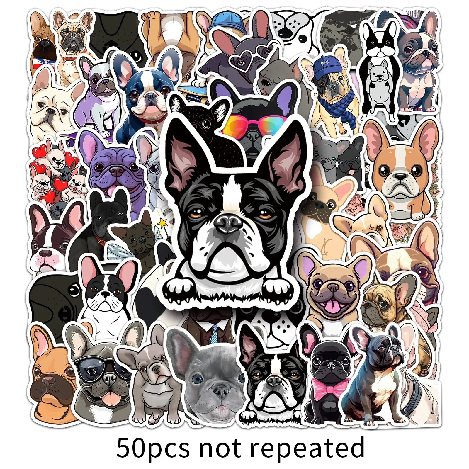 50 Stück ​ Niedlicher Cartoon-Aufkleber mit französischer Bulldogge, Tiere, Hund, DIY, Telefon, Laptop, Gepäck, Skateboard, Graffiti-Aufkleber, lustig als Geschenk