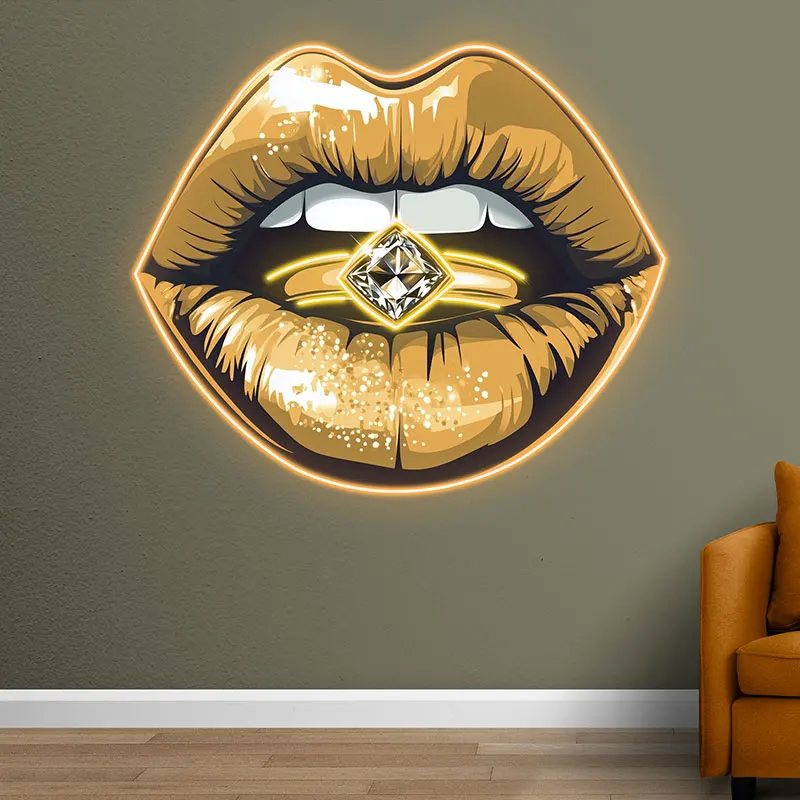 Glamorous Lip Close-Up LED Neon Sign, Sparkling Yellow Lipstick with Diamond Ring, Perfect for Beauty Salons & Home Decor