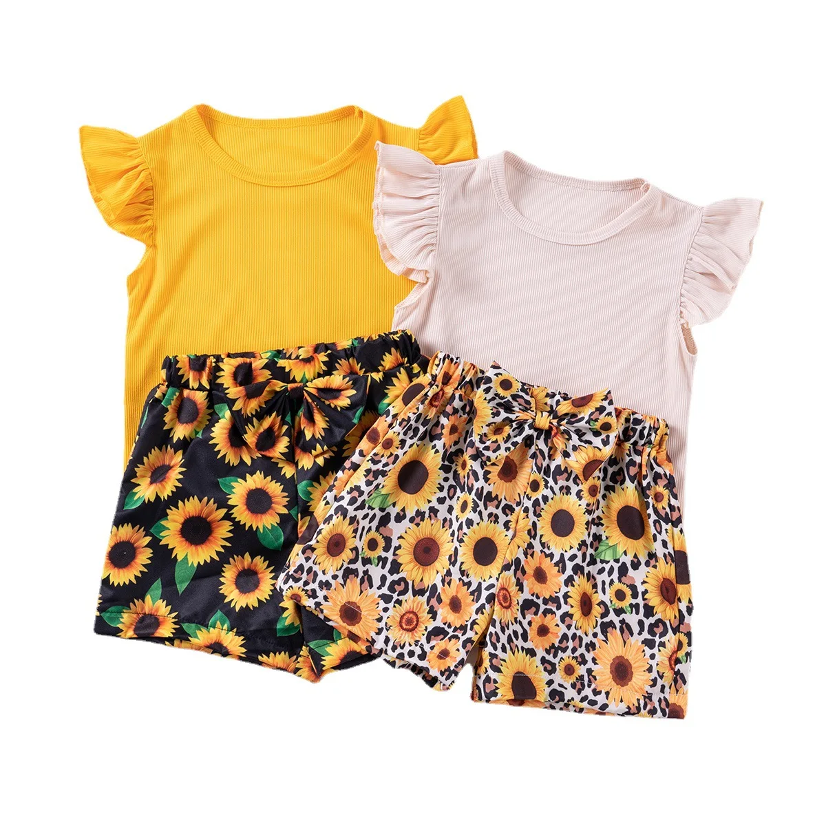 Toddler Girls Summer 2024 Fly Sleeve Ruffled Sunflower Short Sleeve+shorts 2pc Clothes Sets Leopard Casual Children\'s Outfits