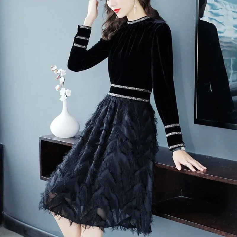 

Winter Fall Fashion Womens Clothes , Female Striped Patchwork Feather Black Velvet Dress , Woman High Waist Velour Dressses