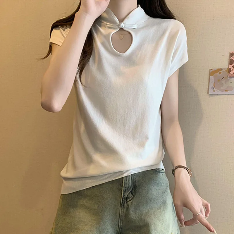 여성용 니트 스웨터 신상 반팔 니트 스웨터 여성용 풀오버 스탠드 칼라 니트 스웨터 풀오버 여성용 상의 니트웨어 Q2744