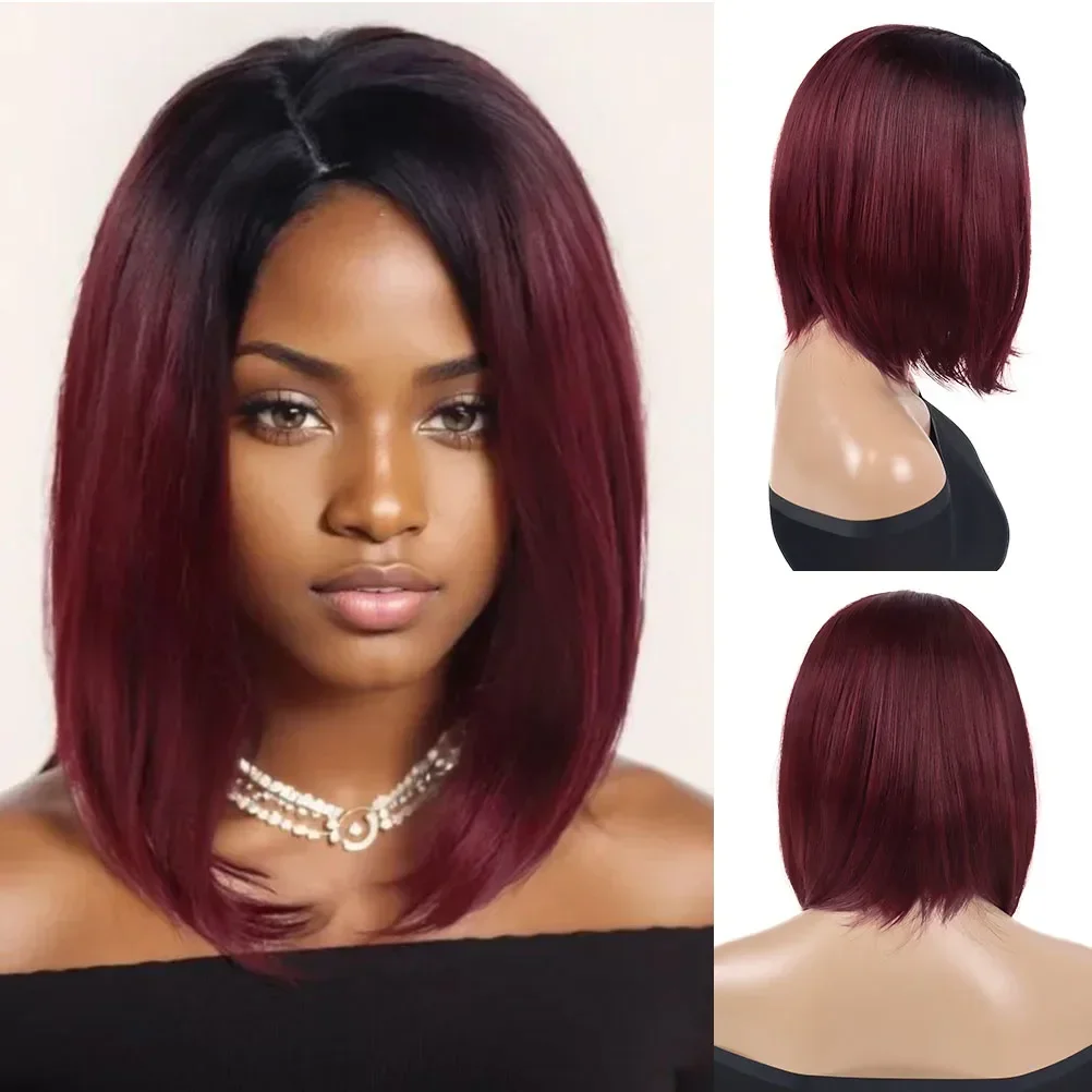 Kunst haar Bob Perücke für Frauen kurze Haarschnitte natürliche gerade Burgunder Perücke mit Seite Pony Ombre Farbe rote Perücken schwarze Wurzeln