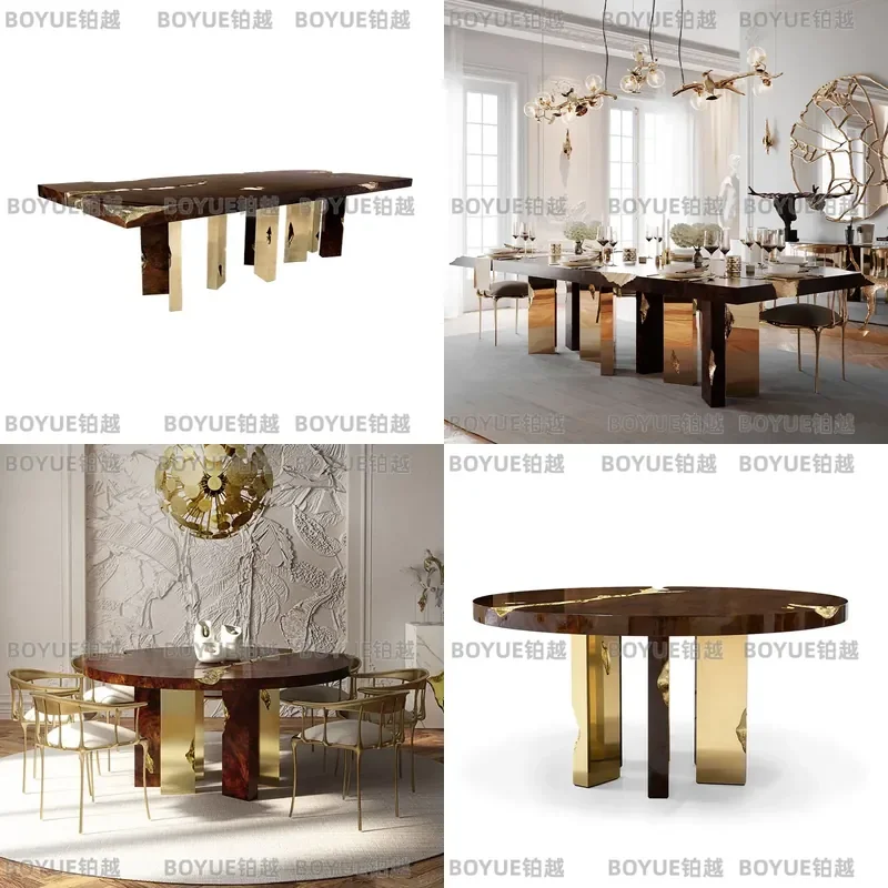 Modern Rectangular Solid Wood Dining Table with Stainless Steel Base Light Luxury High End Restaurant Furniture Minimalist