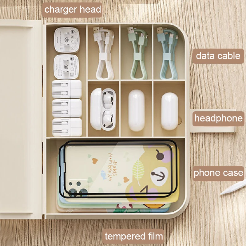 Cable Storage Box Dustproof Charger Headphone USB Divider Storage Box with Lid Home Office Wire Drawer Organizer Cable Organizer