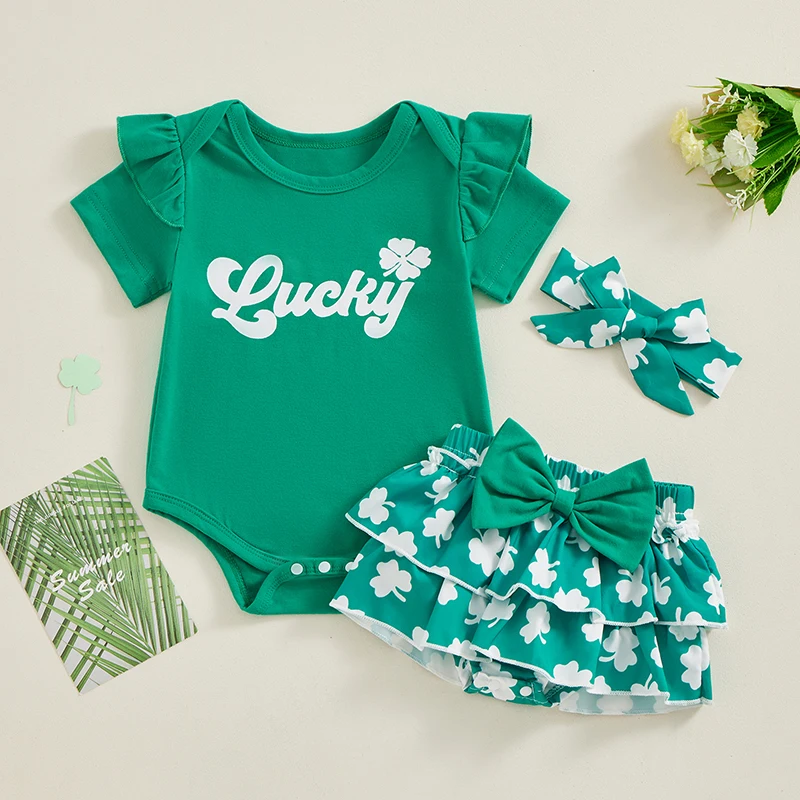 3PCS Set Summer Baby Girls Shorts Set Short Sleeve Letters Print Romper with Shamrock Skort Hairband St. Patrick 's Day Outfit