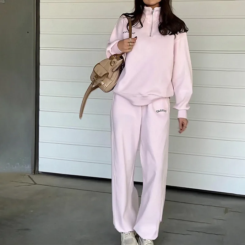 2025 Женский Спортивный Костюм Half-zip Stand-up Collar Solid Color Sports Suit Long-sleeved Sweatshirt + Trousers Two-piece Set