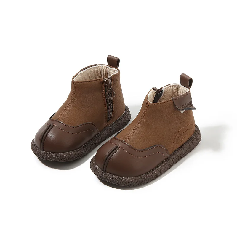 

Toddler First Walker Shoes Autumn Winter Boys Fleece Lined Ankle Boots Girls Zip Leather Boots