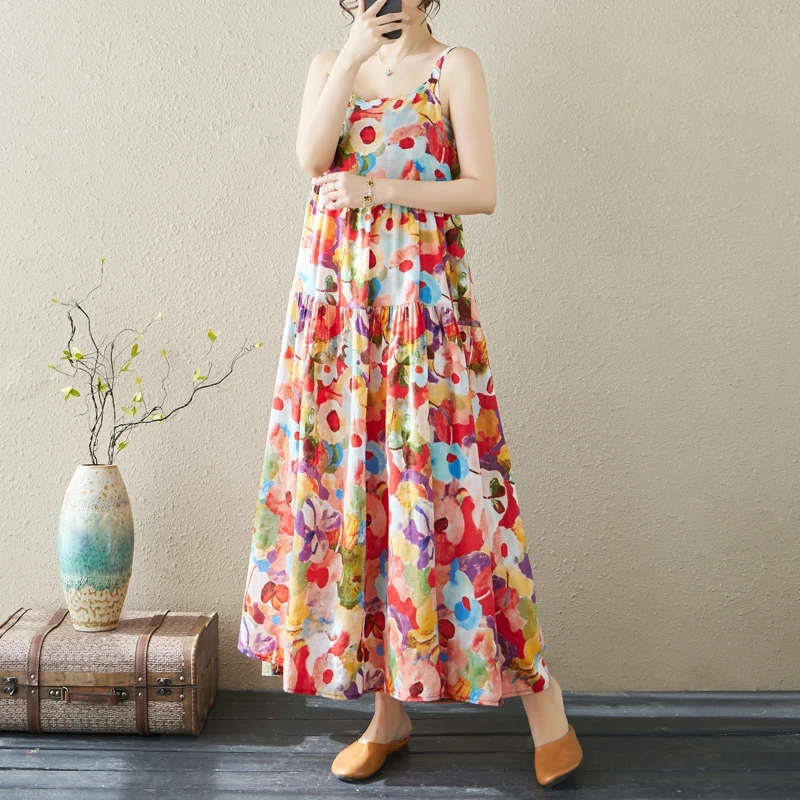 Women's 2024 New Summer Vintage Fragmented Spliced Sweet Sling Fashion Elegant Loose Vacation Appear Thin Printing Long Dress