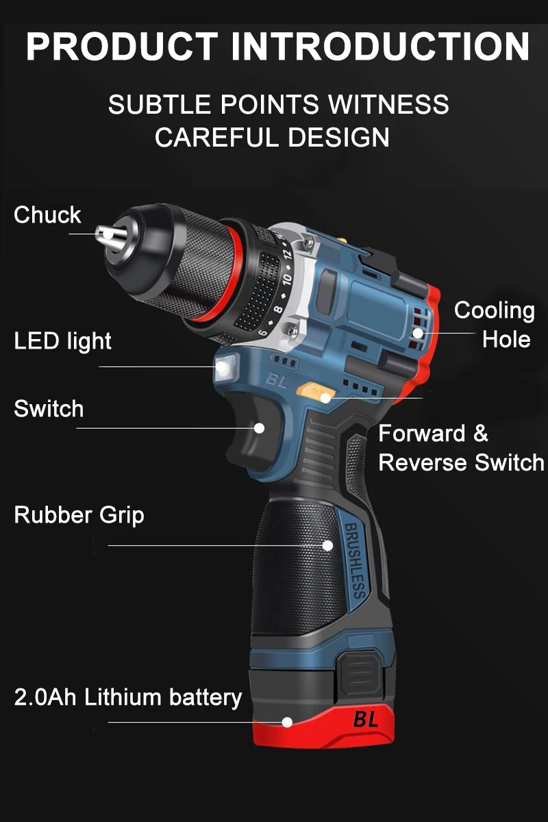 16.8V Brushless 70N.m Electric Cordless Drill 160N.m Impact Driver Screwdriver Household Multifunction Hit Power Tools