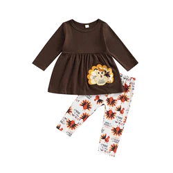 2022-07-01 Lioraitiin 0-6Years Toddler Kids Girls Thanksgiving Outfits Long Sleeve Dress Tops Turkey Letter Print Long Pants Set