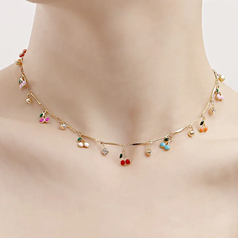 Korean Color Oil Dripping Cherry Pendant Necklace for Women Cute, Sweet and Cool Accessories