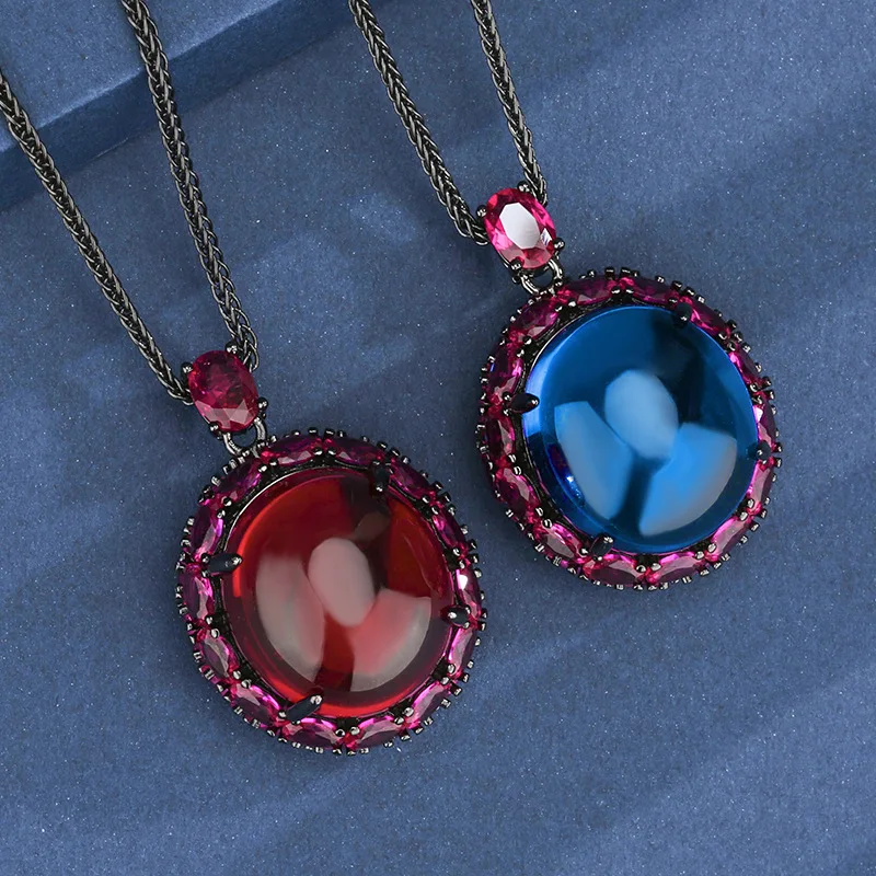 Popular Jewelry Red Corundum Blue Spinel Luxurious Egg-Shaped Pendant Necklace 18*20