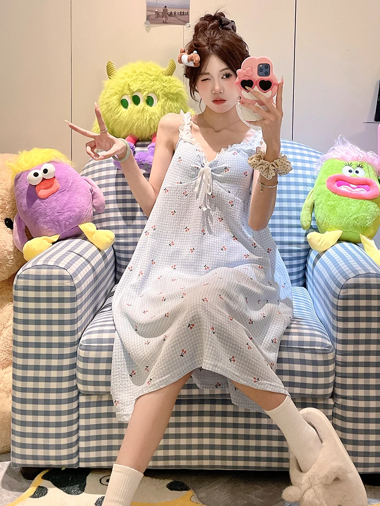 DAIMELU sleepwear girl nightdress women summer with chest pad sexy bud edge sweet blue nightgown thin pajamas loungewear nighty