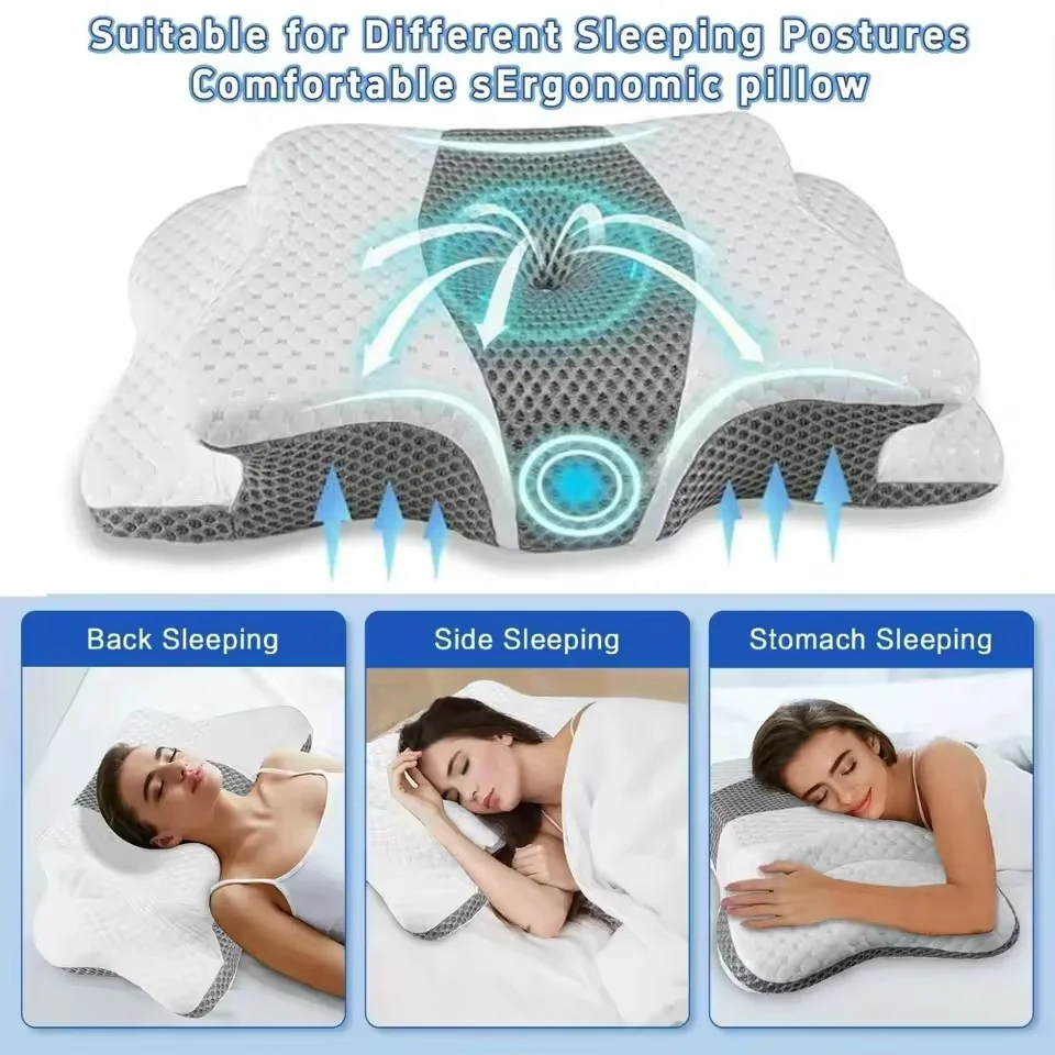 Ergonomic Butterfly Memory Foam Neck Pillow with 3-Point Support for Head Neck & Shoulders Removable Washable Cover for Comfort