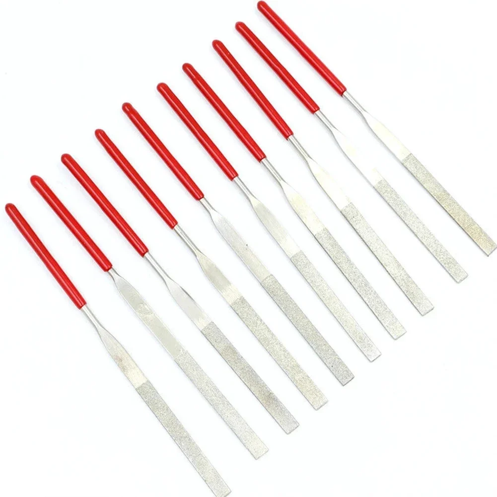 10Pcs Diamond Mini Needle Files Set Great For Deburring Fine Grinding 3×140mm Small File With Red Handle Workshop Hand Tool Set